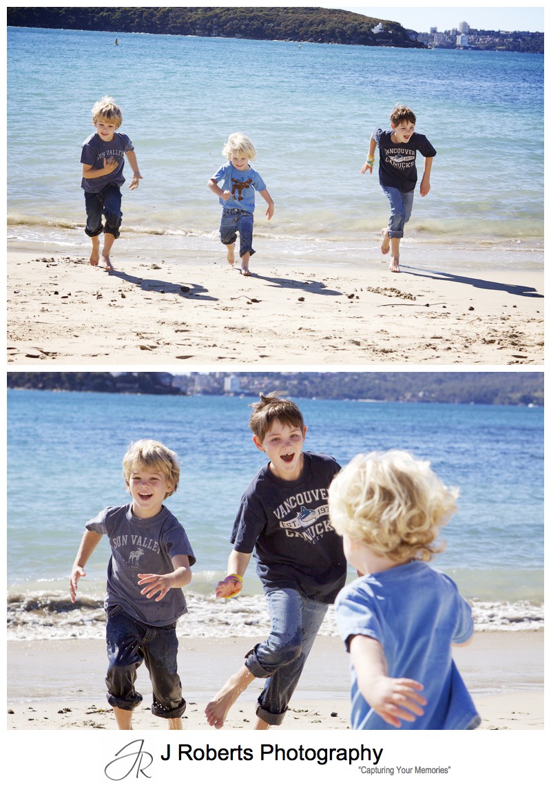 Family of 3 boys running on balmoral beach - family portrait photography sydney